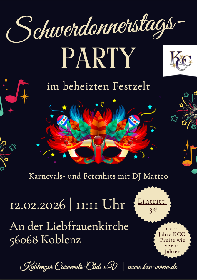 Plakat: Schwerdonnerstagsparty 2026 Koblenz des KCC